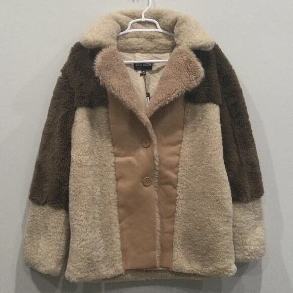 Steve Madden Willow Coat Womens M Medium NEW Teddy Colorblock Tan Brown Beige - Picture 6 of 11